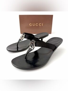 GUCCI | Black Interlocking GG Logo Thong Kitten Heel Mule Sandals Y2K size 7